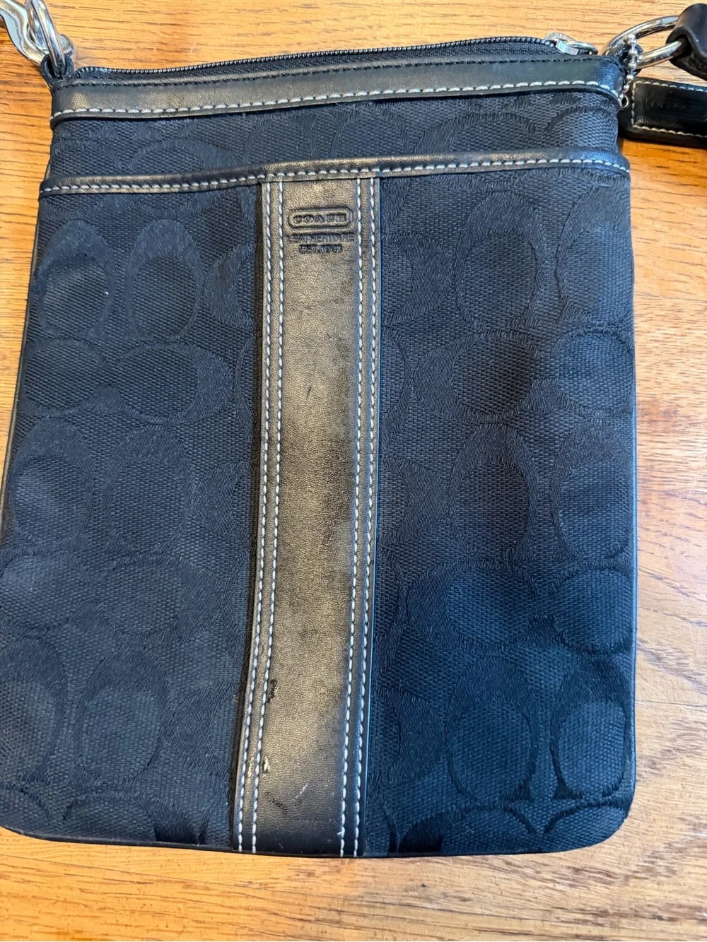Coach Black Signature Crossbody Pouch with Leather Stripe